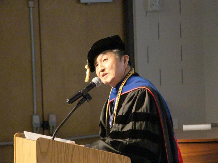 Jungwoo Ryoo, chancellor and chief academic officer, gives his opening remarks during the commencement celebration at Penn State DuBois.